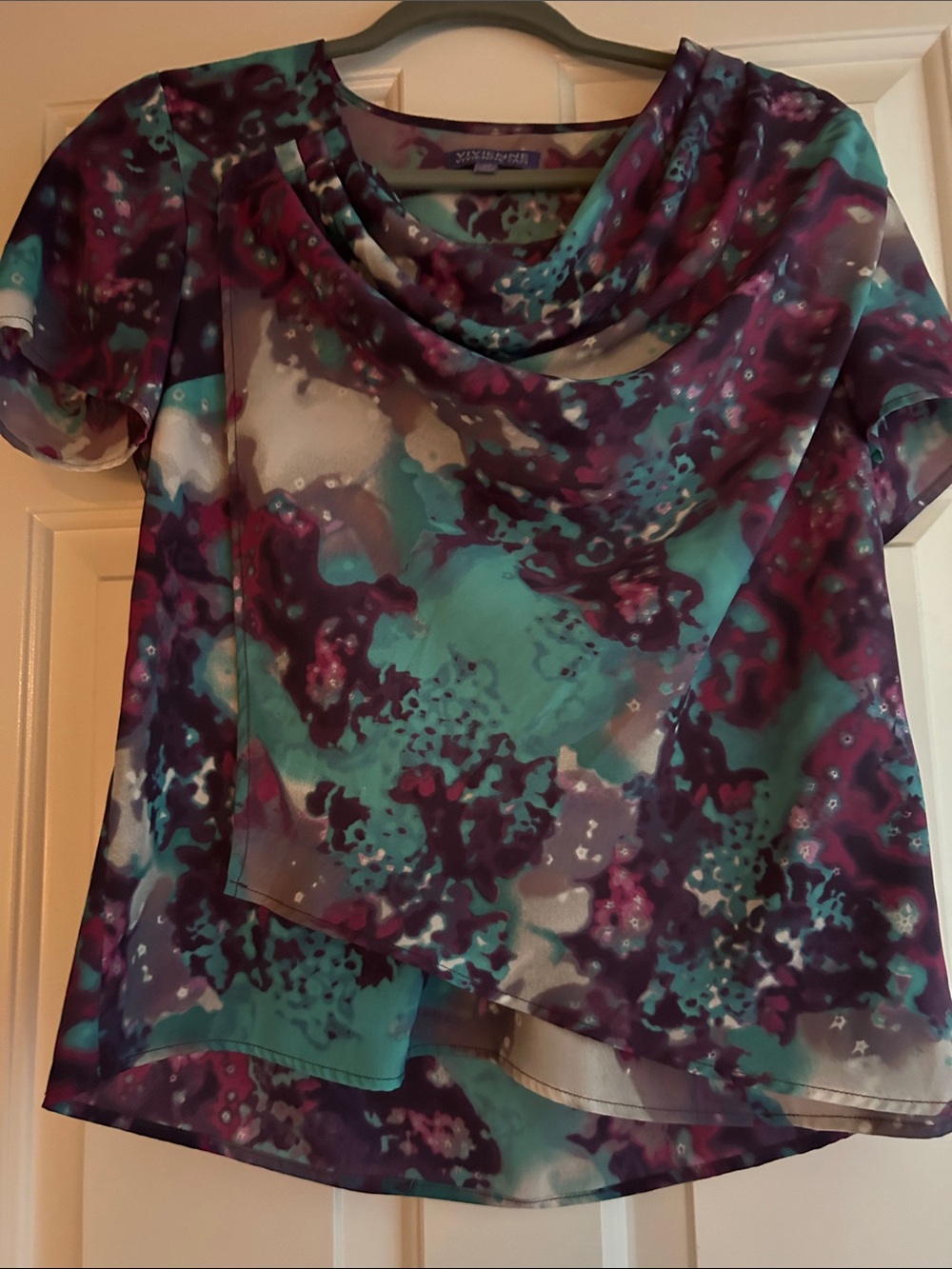 Vivienne Tam Draped Short Sleeve Blouse in Teal & Purple XS